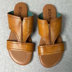 Roan Somerville Tan Leather Slide Sandals Womens‎ 10 Flat Boho Teal Lining